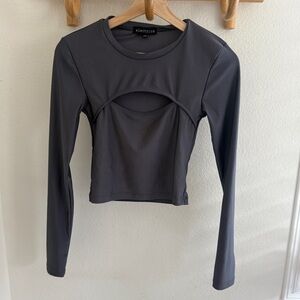 Electrica shiny charcoal gray cropped long sleeve cutout top stretch sporty